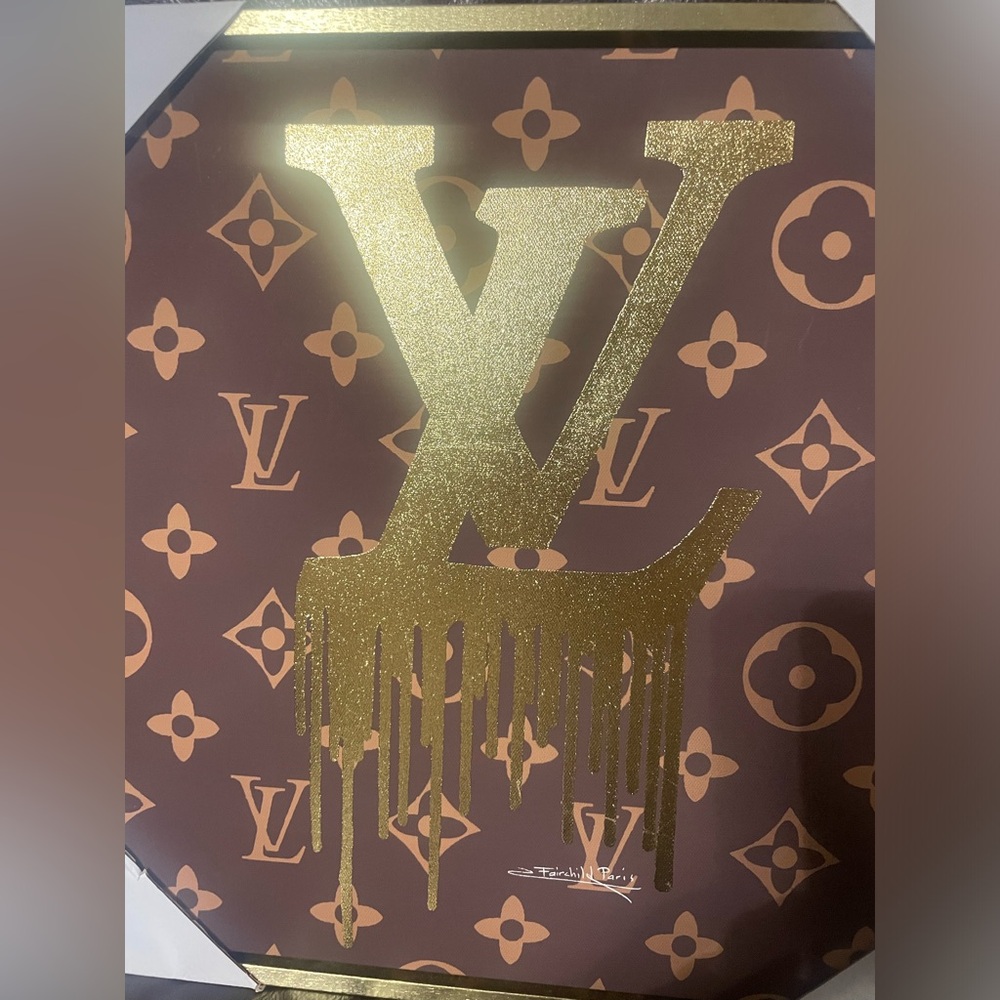 LV canvas art in gold metallic frame by Fairfield Paris, NWT, size is 16” x 16”